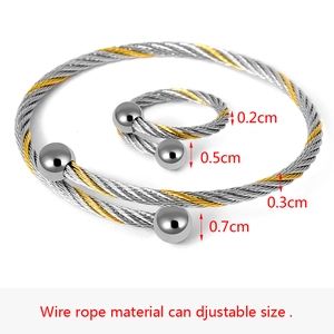Detailed view of adjustable silver wire rope jewelry set with gold accents and metal beads