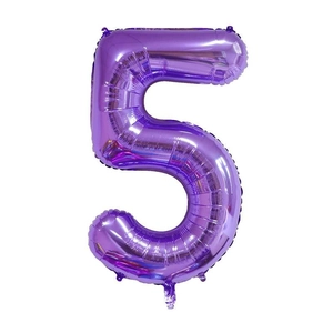 Macro shot of a purple number 5 foil balloon with a shiny metallic finish for parties