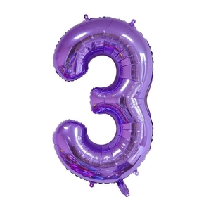 Detail of a shiny purple gradient foil number 3 balloon with metallic luster and texture
