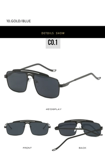 Three perspectives of metal double-bridge sunglasses with rectangular dark grey lenses