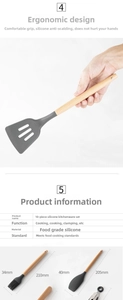 Detail view of 10-piece grey silicone kitchen utensil set with ergonomic wooden handles
