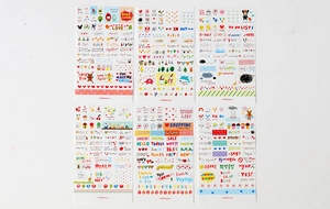 Detailed view of 6 sheets of colorful DIY cartoon stickers for scrapbooking and decoration