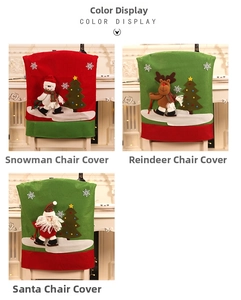 Detailed views of Santa, snowman, and reindeer Christmas chair covers for dining decor