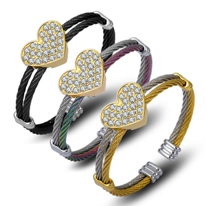 Stainless Steel Heart Charm Cable Wire Bangle For Women Gold Silver Plated Rhinestone Inlaid Open Cuff Bracelet Fashion Jewelry Gift