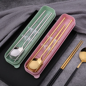 Portable stainless steel cutlery set with spoons and chopsticks in colorful travel cases
