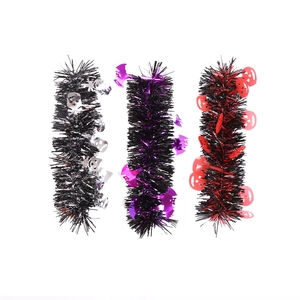 Halloween foil tinsel garlands with black, silver ghosts, purple bats, and red pumpkins
