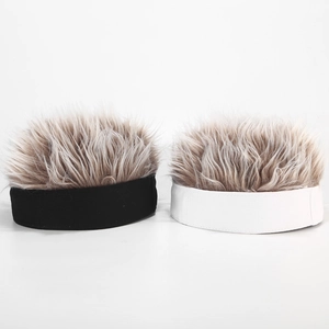 Detail showing elastic knit headband base and fluffy brown-gray wig hair texture