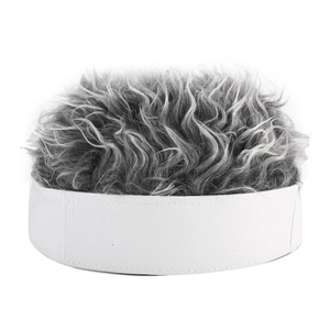 Detailed view of a white visor cap with thick salt and pepper afro wig attached