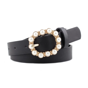 Classic faux leather belt with a circular gold buckle featuring elegant pearl embellishments