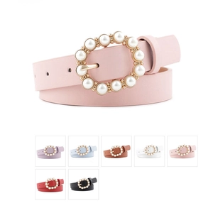 Women's PU leather belt featuring a round pearl-studded buckle in seven trendy colors