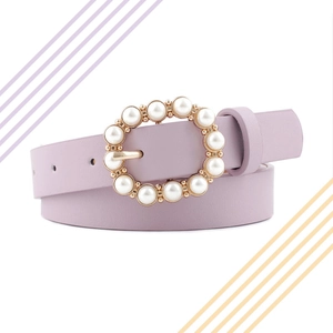 Women Fashion PU Leather Belt Round Gold Buckle Faux Artificial Pearl Inlay Solid Color Elegant Waist Strap Dress Accessory