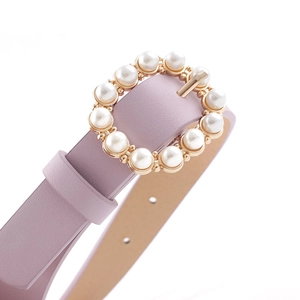Elegant purple faux leather belt for women with golden round buckle and white pearls