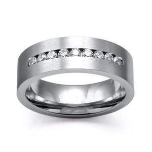 Brushed silver stainless steel ring with nine clear cubic zirconia stones in channel setting