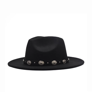 Classic black wide-brim wool fedora hat with vintage metallic buckle leather strap