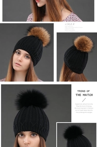 Detailed knit texture and fluffy faux fur pompom on black winter beanie for women