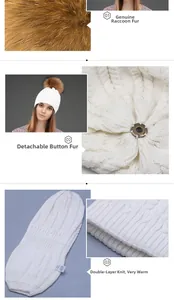 Detail of white knit beanie showing detachable real raccoon fur pom and warm double layer