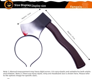 Detailed view of Halloween headband with bloody axe design and 27cm size markings