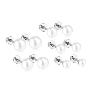 Minimalist stainless steel pearl stud earrings set with screw back in four gradient sizes