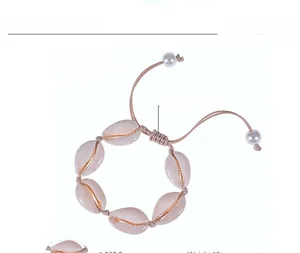 Detail showing adjustable Bohemian braided cord shell bracelet with 17.5-30cm circumference