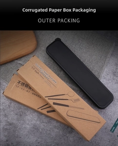 Detail of the outer corrugated paper box and matte black portable cutlery storage set