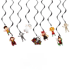 Close-up of 9 cartoon Halloween hanging swirls featuring vampires ghosts and pumpkins