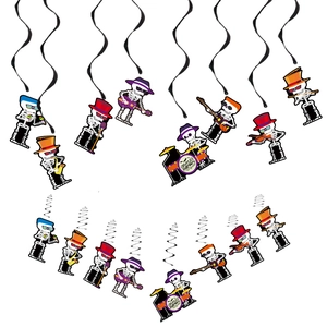 Halloween hanging swirl decorations featuring a cartoon skeleton band with music instruments
