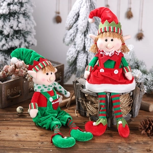 Christmas sitting elf dolls with long legs and classic red and green festive theme costumes