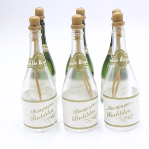 Set of 6 mini champagne bubble bottles in green and clear plastic for wedding decor