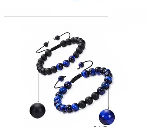 Détails de l'ensemble de bracelets en œil de tigre bleu et pierre noire mate 8mm