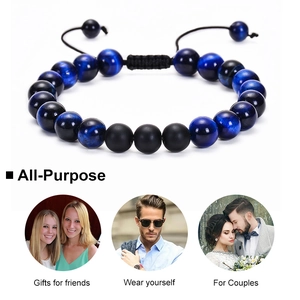 Ensemble de bracelets en œil de tigre bleu et perles noires mates ajustables