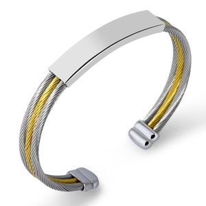 Fashionable bicolor steel cable woven open bangle with polished silver plate for engraving