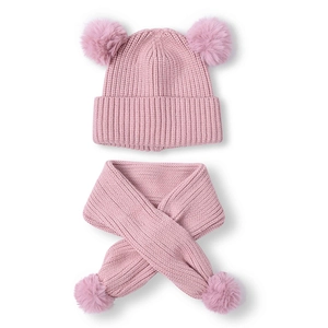 Pink knit hat and scarf set for toddlers featuring fluffy dual pompoms and ribbed texture