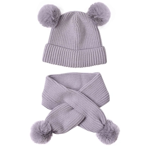 Kids purple knit beanie and scarf set with faux fur double pompoms for winter warmth