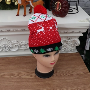 Detail of a festive knitted Christmas hat with colorful patterns on a mannequin head