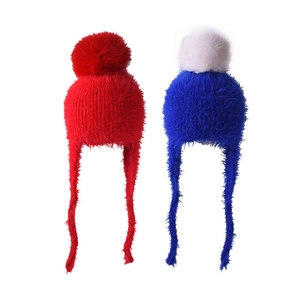 Kids Winter Earflap Knit Beanie Hat Faux Mink Fur Fox Fur Pom-Pom Warm Soft Toddler