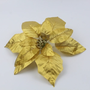 Golden artificial poinsettia flower with mesh texture for Christmas wreaths and decor