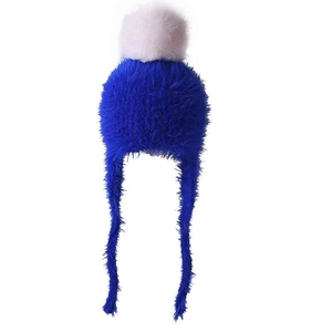 Winter kids knit hat in dark blue with large white pom-pom and protective ear flaps