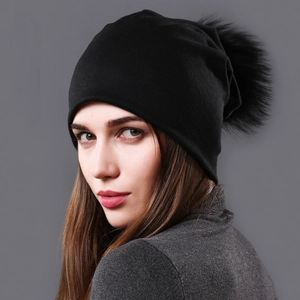 Dames Gebreide Muts Met Afneembare Echt Bont Pompon Dubbellaags Katoen Slouchy Winter Warm Effen Kleur