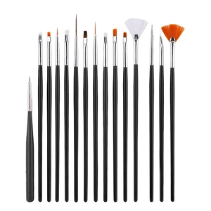 Detailed set of 16 professional black nail art brushes with diverse brush head shapes