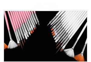 Set of 15 nail art brushes with pink and white handles featuring various specialized tips