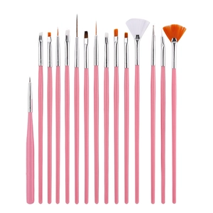 Professional 15-piece pink nail art brush set for drawing and liner on white background