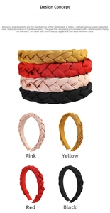 Detail of hand-woven braided headbands in pink, yellow, red, and black fabric textures
