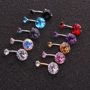 Close-up of assorted colorful cubic zirconia belly rings with curved stainless steel bars