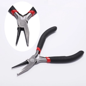 Macro view of flat nose jewelry pliers featuring black anti-slip handle and spring reset