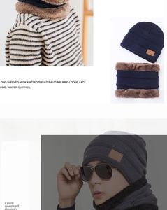 Detail of navy knit beanie and neck warmer set with thick fleece lining for winter