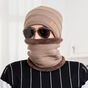 Winter knit beanie and neck warmer set with fleece lining for men in khaki color