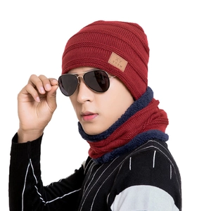 Red men's winter knit beanie hat and neck warmer set with thick fleece lining