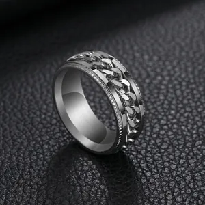 Macro view of rotating chain link inlay on a polished silver stainless steel ring