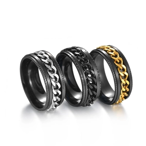 Mens stainless steel rotating chain rings set in black, silver and gold finishes