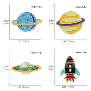 Cartoon astronaut space pins set showing planet and rocket enamel badges with dimensions